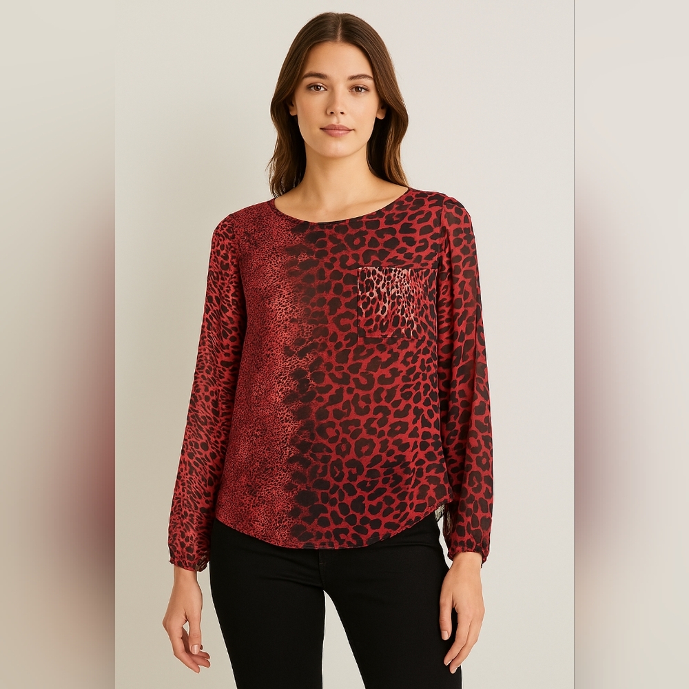 RD Style Red & Black Leopard Print Split Back Chiffon Blouse S